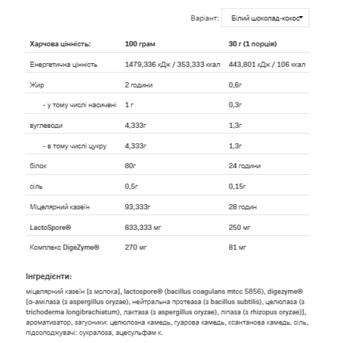 Pro Casein - 500 г білого шоколаду з кокосом