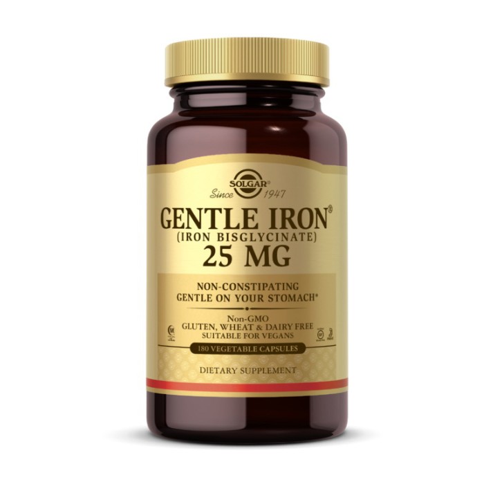 Solgar Gentle Iron 25 мг (бісгліцинат заліза) (180 рослинних капсул)