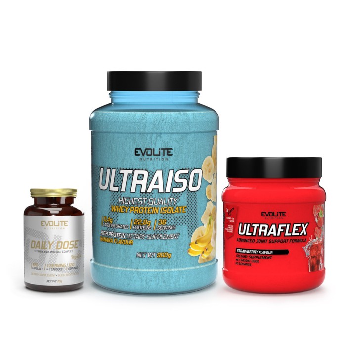 Набори Ultra Iso (2 кг бананів) + Ultra Flex (390 г полуниці) + Добова доза (120 вегетаріанських капсул)