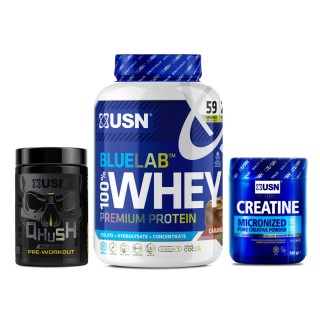 Набори Blue Lab 100% Whey Premium Protein (2 kg caramel popcorn) + Micronized Creatine Monohydrate (500 g) + Qhush Black Pre-workout (220 g frosted lemon)