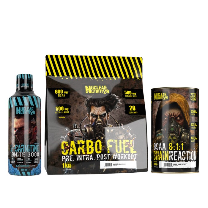 Набори Chain Reaction BCAA 8:1:1 (400 г синьої малини) + Carbo Fuel (1 кг лимона) + L-Carnitine Ignite 3000 (500 мл синьої малини)