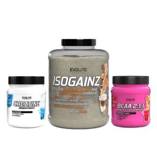 Наборы Iso Gainz (4 кг карамельного маккиато) + моногидрат креатина (500 г без ароматизаторов) + BCAA 2:1:1 (400 г грейпфрута)