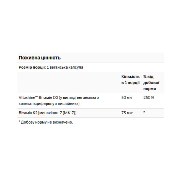 Вітаміни D3 та K2 2000 МО та 75 мкг - 60 вегетаріанських капсул