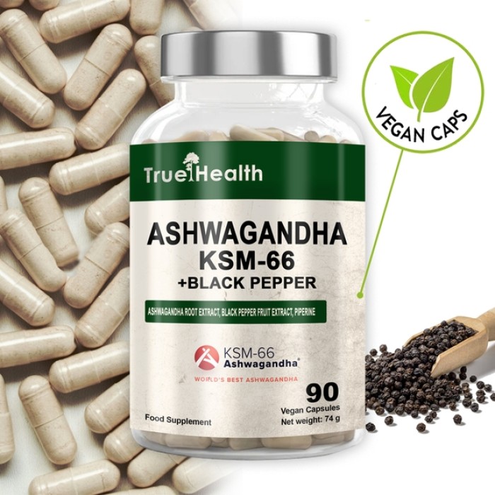 Натуральна добавка True Health Ashwagandha KSM-66 + Black Piperine, 90 вегакапсул