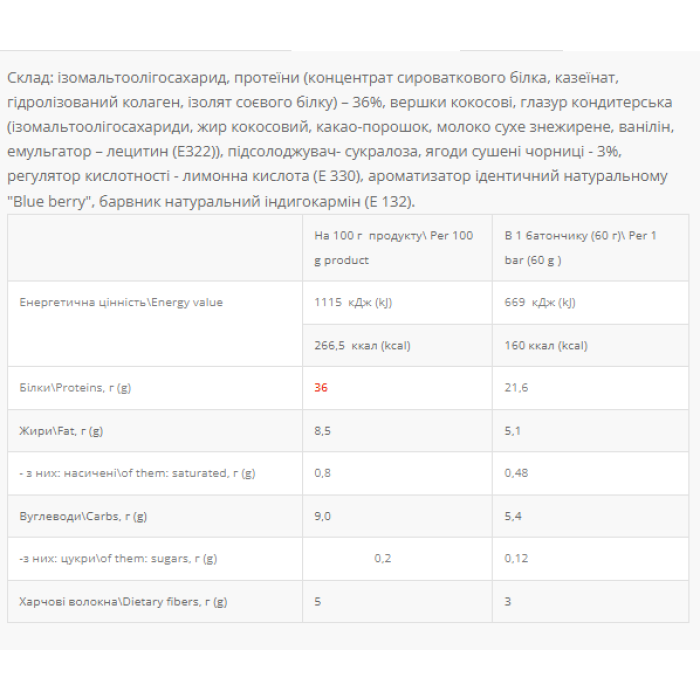 Power Pro 36% без цукру - 20x60 г чорниця