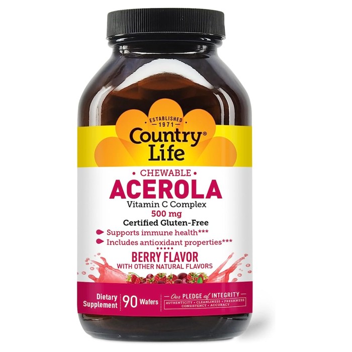Натуральна добавка Country Life Acerola 500 mg, 90 жувальних таблеток Ягоди