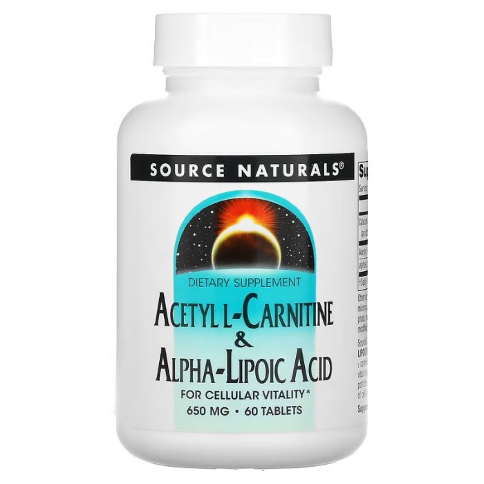 Жироспалювач Source Naturals Acetyl L-Carnitine & Alpha Lipoic Acid 650 mg, 60 таблеток