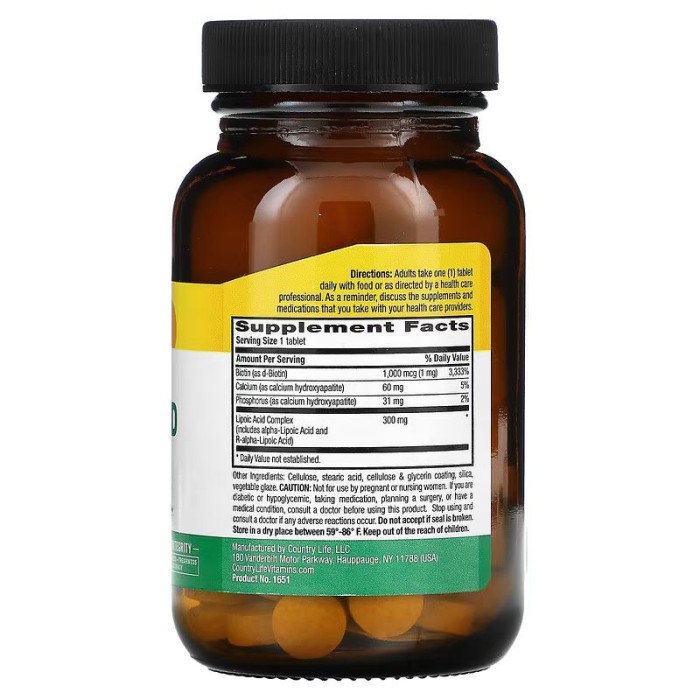 Натуральна добавка Country Life Active Lipoic Acid 300 mg, 60 таблеток