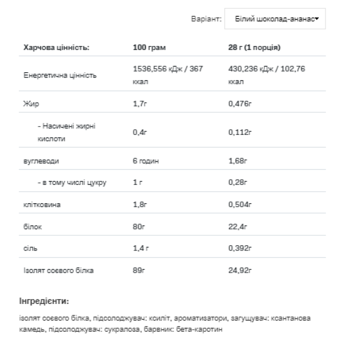 Соєвий протеїн - 500 г білого шоколаду з ананасом