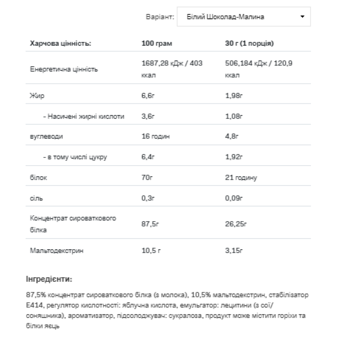 Сывороточный протеин - 908 г Белый шоколад Малина