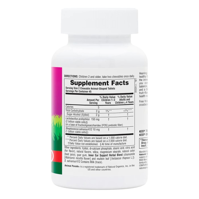 Пробіотики і пребіотики Natures Plus Animal Parade Children’s Inner Ear, 90 жувальних таблеток Вишня
