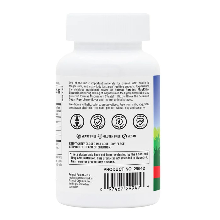 Вітаміни та мінерали Natures Plus Animal Parade Mag Kidz Sugar Free, 90 жувальних таблеток Вишня