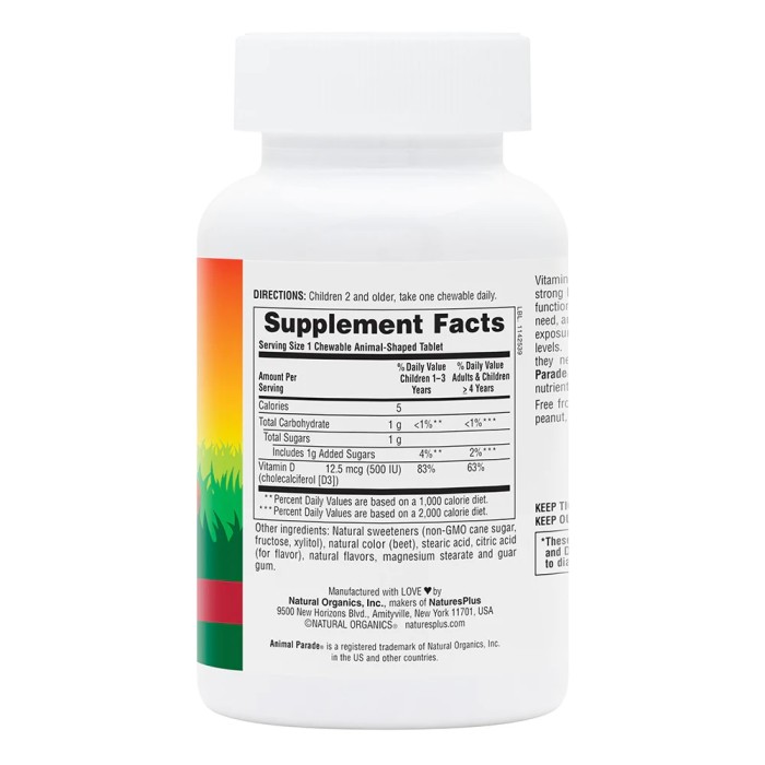 Вітаміни та мінерали Natures Plus Animal Parade Vitamin D3, 90 жувальних таблеток Вишня