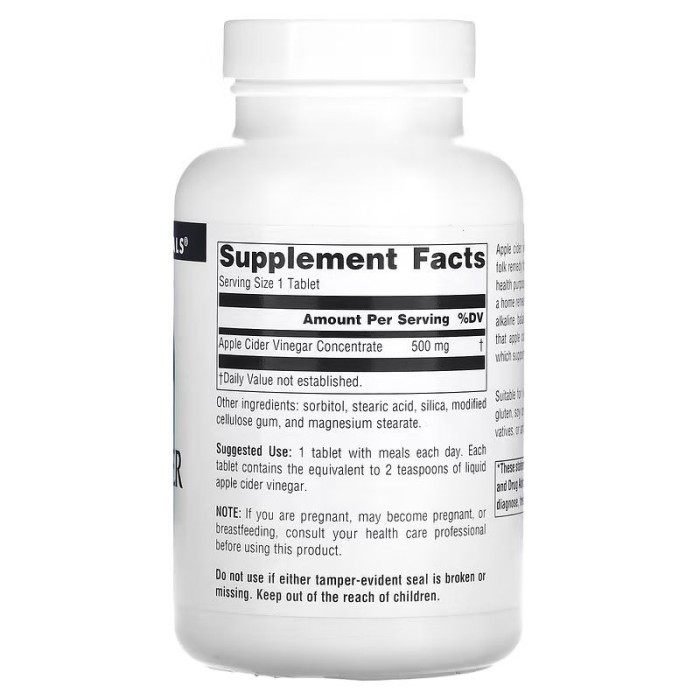 Натуральна добавка Source Naturals Apple Cider Vinegar 500 mg, 180 таблеток