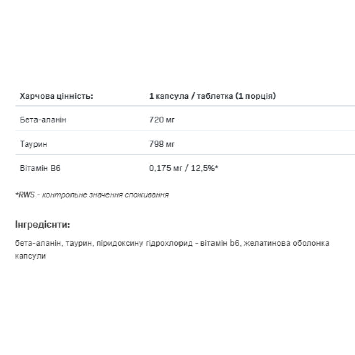 Бета-аланін для максимальної витривалості - 240 капсул