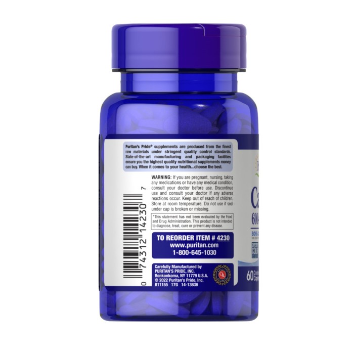 Вітаміни та мінерали Puritan's Pride Calcium Carbonate 600 mg + Vitamin D, 60 каплет