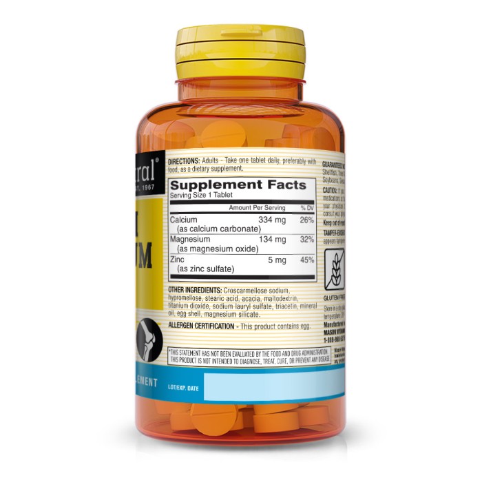 Вітаміни та мінерали Mason Natural Calcium Magnesium & Zinc, 100 таблеток