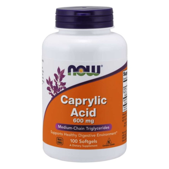 Натуральна добавка NOW Caprylic Acid 600 mg, 100 капсул