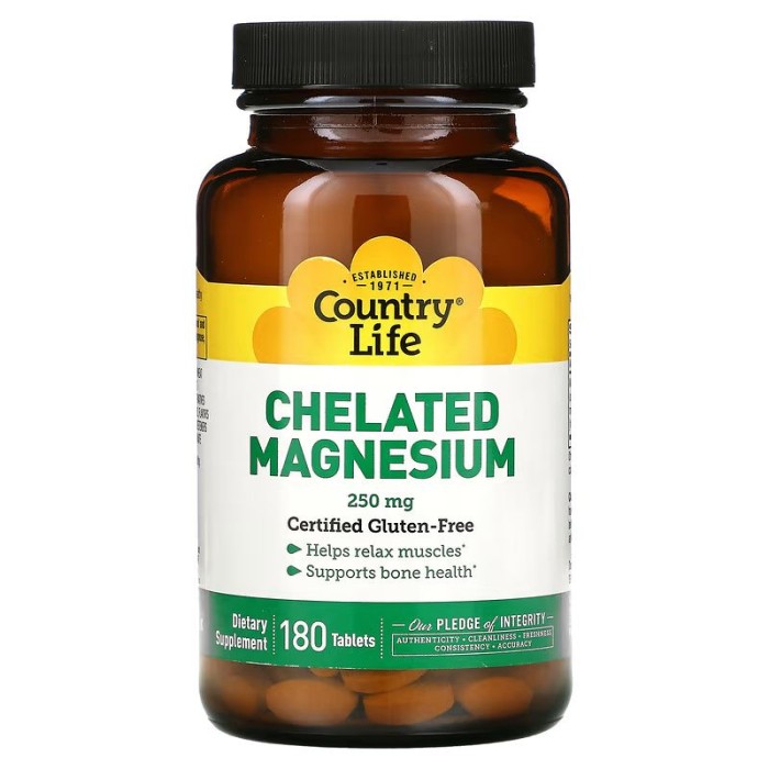 Вітаміни та мінерали Country Life Chelated Magnesium 250 mg, 180 таблеток