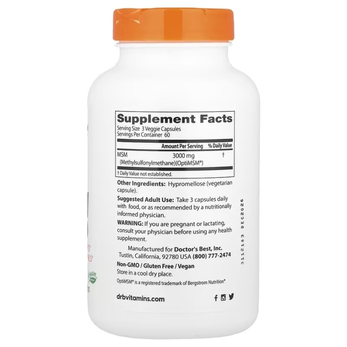 Препарат для суглобів і зв'язок Doctor's Best MSM with OptiMSM, 180 капсул