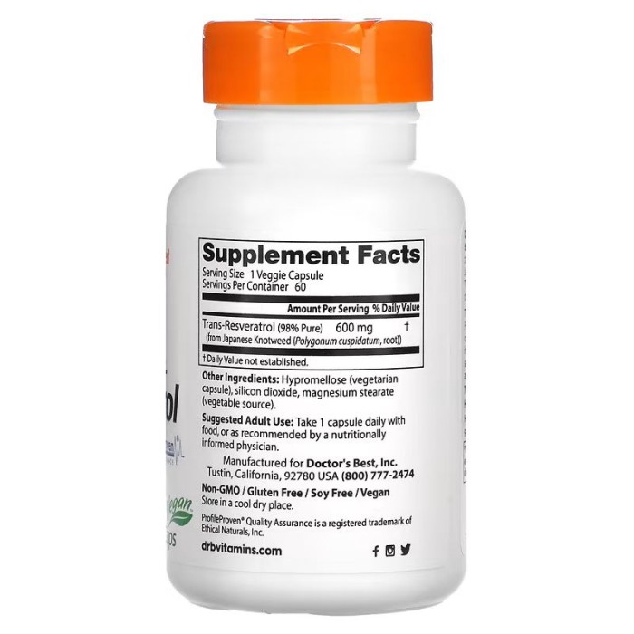 Натуральна добавка Doctor's Best Trans-Resveratrol 600 mg, 60 вегакапсул