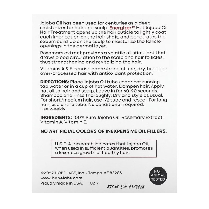 Средство для волос Energizer Hot Jojoba Oil Hair Treatment, 3 тубы с многоразовой крышкой - 14,8 мл