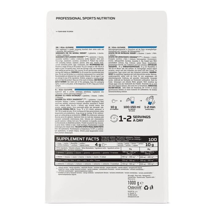 Аминокислота BCAA OstroVit BCAA + Glutamine, 1 кг.