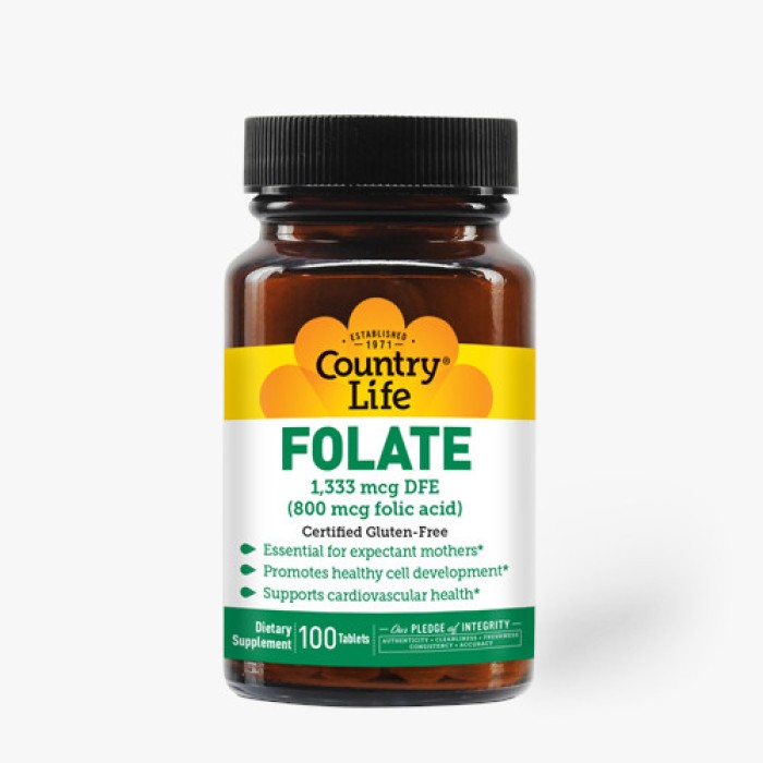 Вітаміни та мінерали Country Life Folic Acid, 100 таблеток