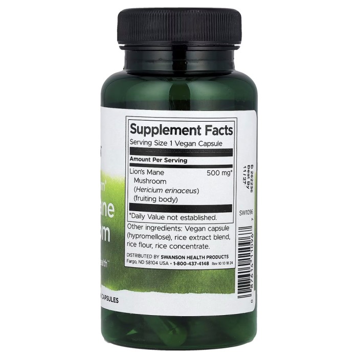 Натуральная добавка Swanson Lion's Mane Mushroom 500 mg Full Spectrum, 60 капсул