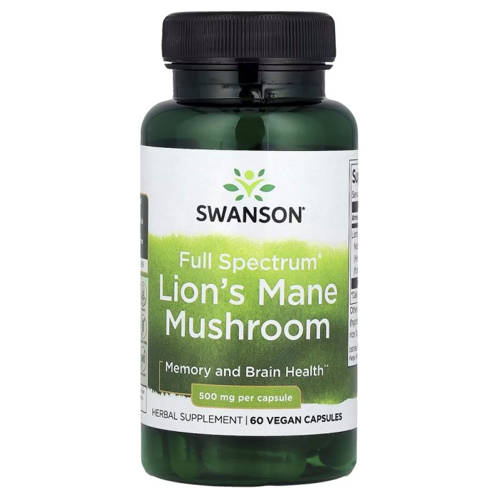 Натуральная добавка Swanson Lion's Mane Mushroom 500 mg Full Spectrum, 60 капсул