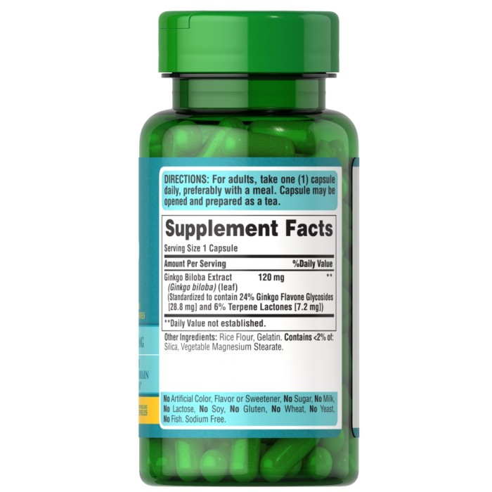 Натуральна добавка Puritan's Pride Ginkgo Biloba 120 mg, 100 капсул