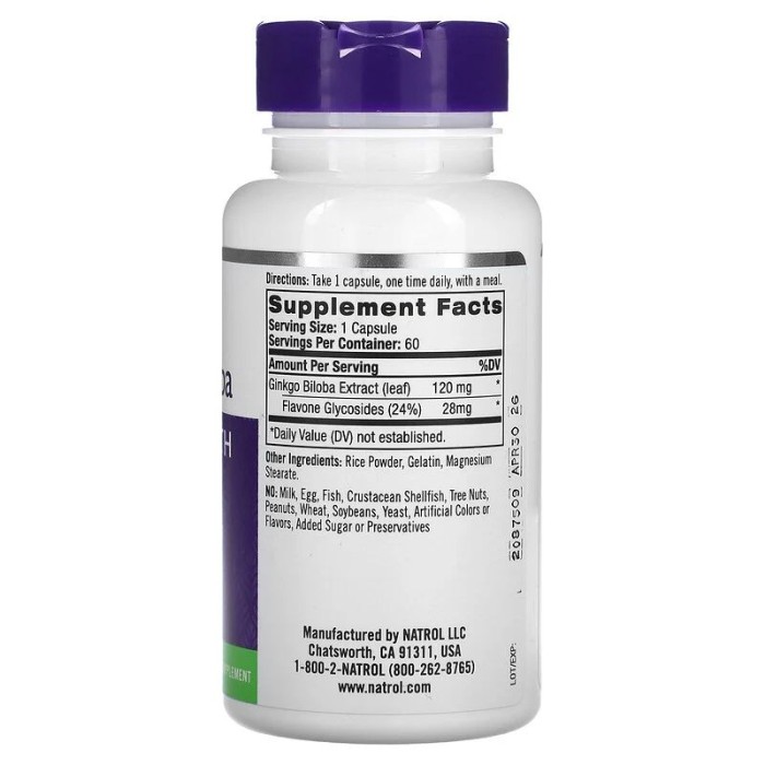 Натуральна добавка Natrol Ginkgo Biloba 120 mg, 60 капсул