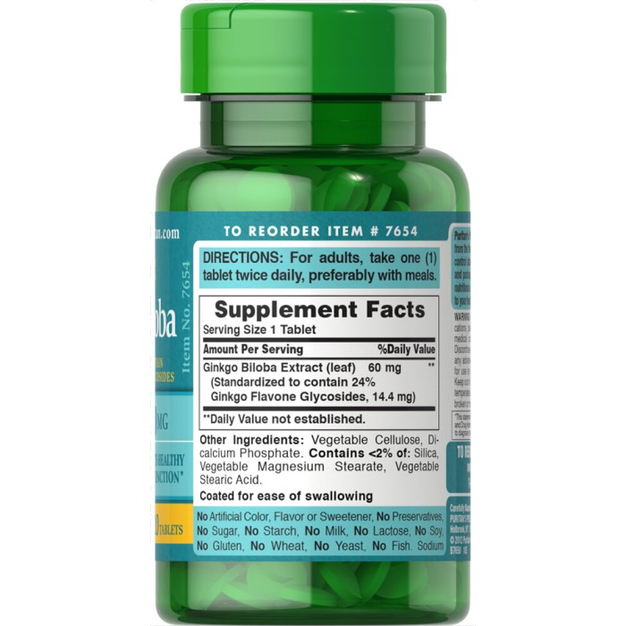 Натуральна добавка Puritan's Pride Ginkgo Biloba 60 mg, 120 таблеток