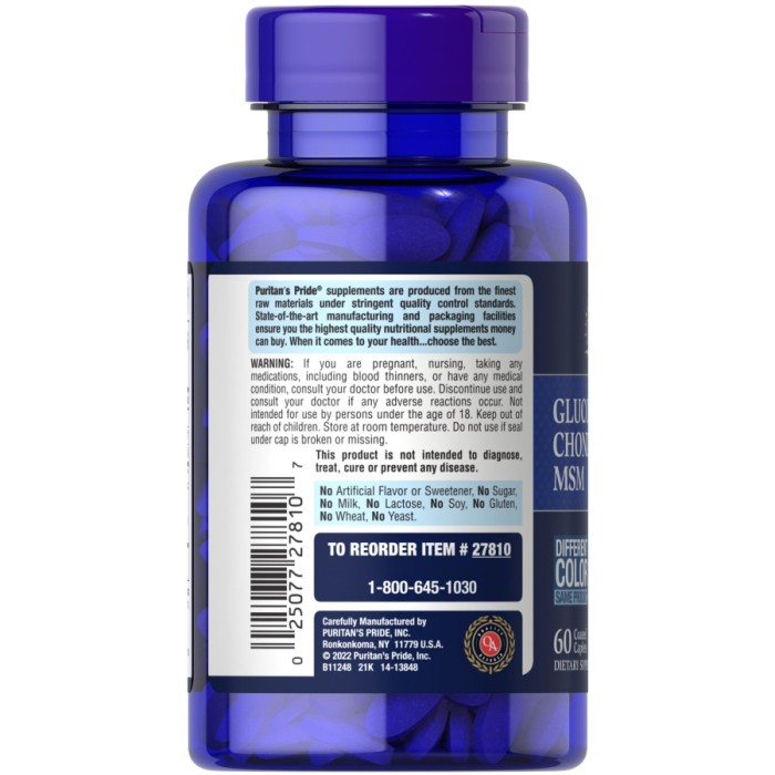 Препарат для суглобів і зв'язок Puritan's Pride Chondroitin Glucosamine MSM 3 Per Day Formula, 60 каплет