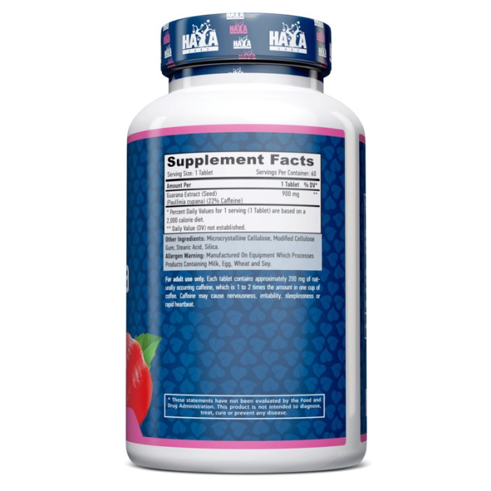 Передтренувальний комплекс Haya Labs Guarana 900 mg, 60 таблеток