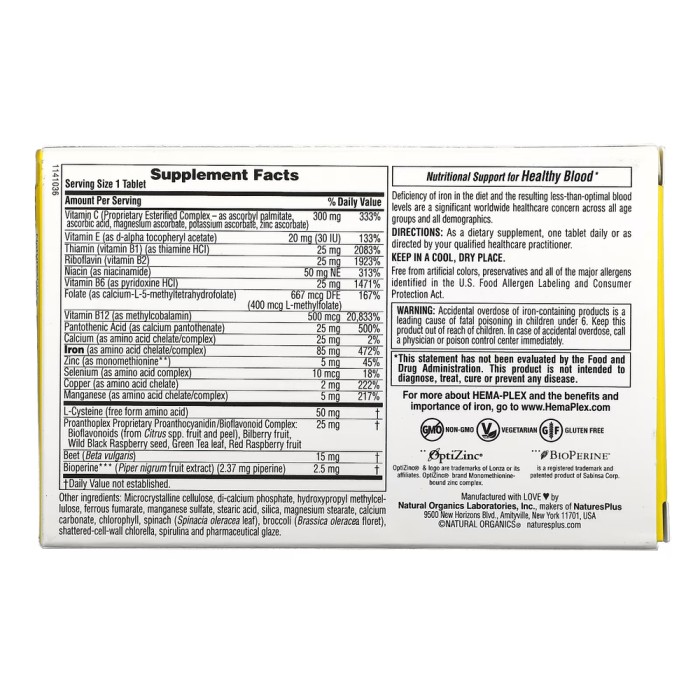 Вітаміни та мінерали Natures Plus Hema-Plex, 10 таблеток