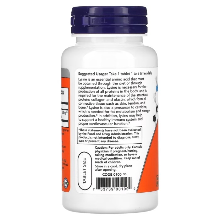 Амінокислота NOW L-Lysine 500 mg, 100 таблеток