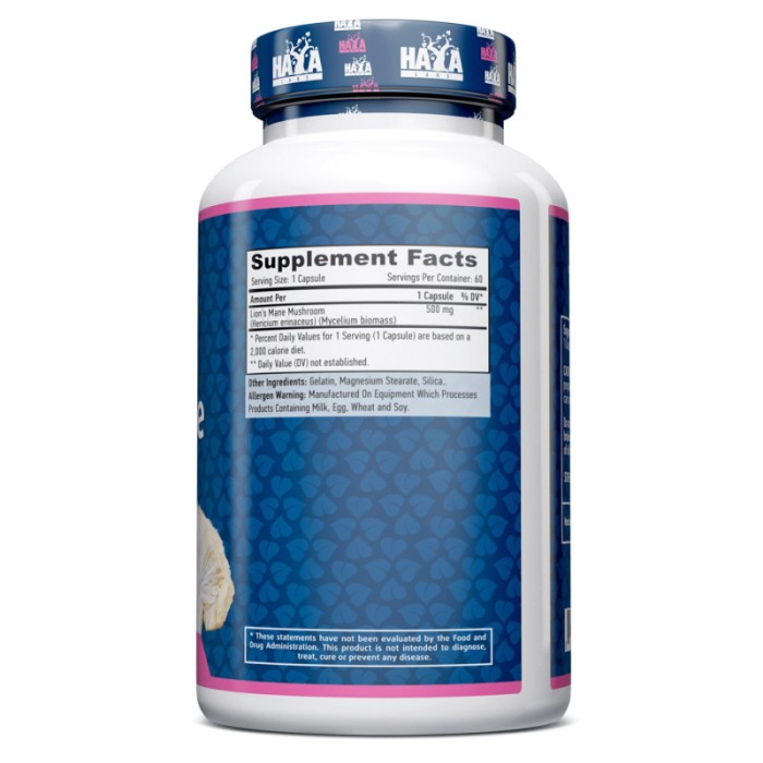 Натуральна добавка Haya Labs Lion's Mane Mushroom 500 mg, 60 капсул