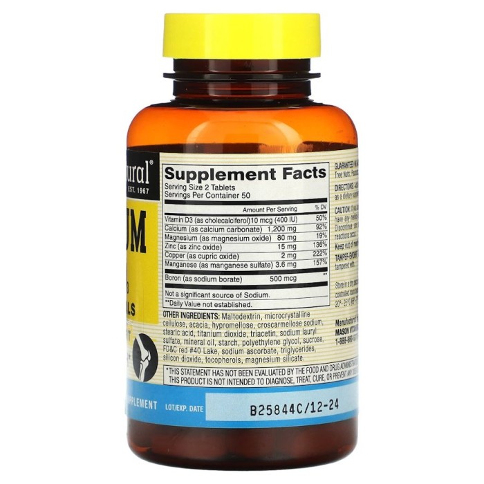 Вітаміни та мінерали Mason Natural Calcium 600 mg Plus Vitamin D3 Plus Minerals, 100 таблеток