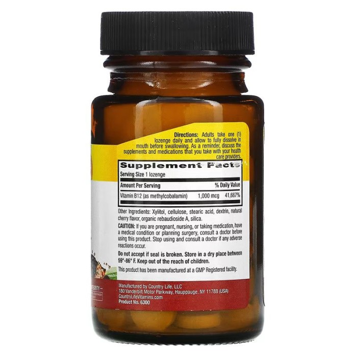 Вітаміни та мінерали Country Life Methyl B12 1000 mcg, 60 льодяників Вишня
