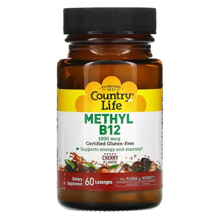 Вітаміни та мінерали Country Life Methyl B12 1000 mcg, 60 льодяників Вишня