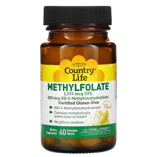 Вітаміни та мінерали Country Life Methylfolate 800 mcg, 60 жувальних таблеток Апельсин