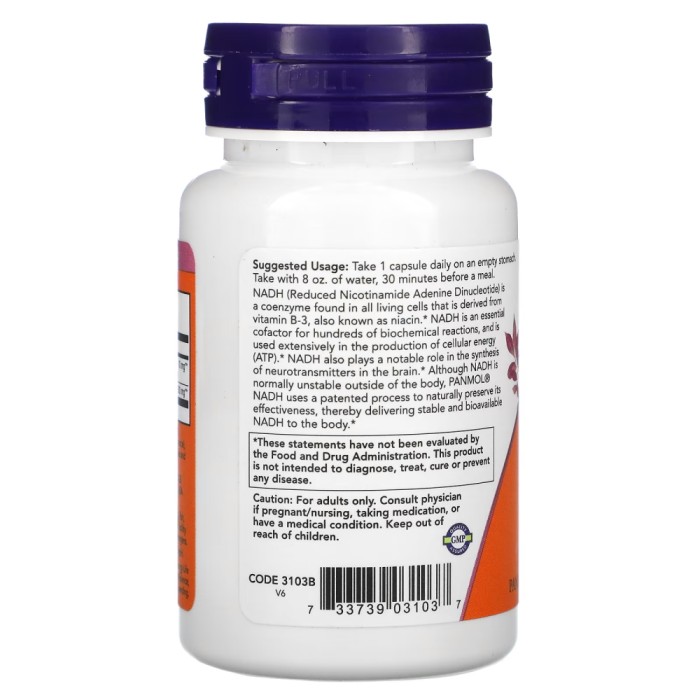 Естественная добавка NOW NADH 10 mg, 60 вегакапсул.