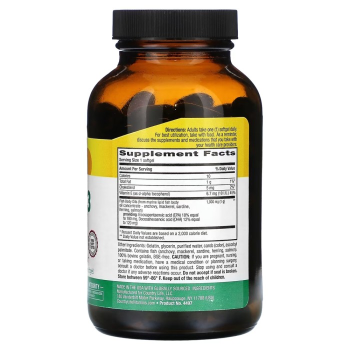 Жирні кислоти Country Life Natural Omega-3 1000 mg, 100 капсул