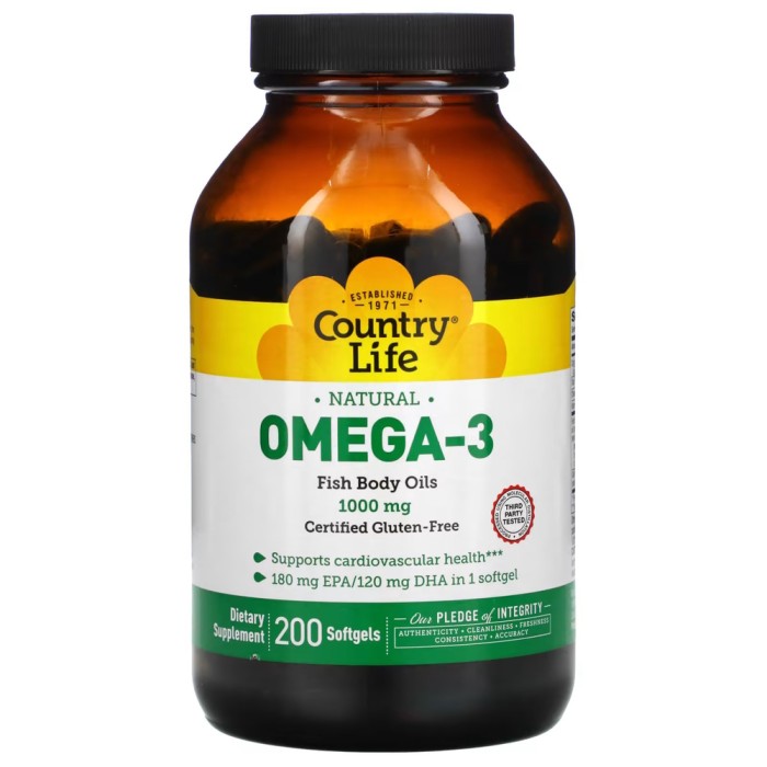Жирні кислоти Country Life Natural Omega-3 1000 mg, 200 капсул
