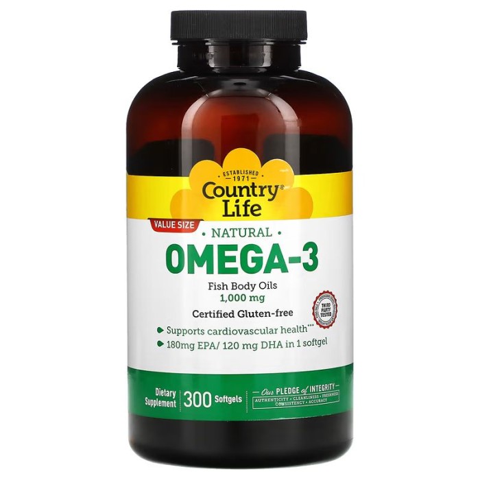 Жирні кислоти Country Life Natural Omega-3 1000 mg, 300 капсул