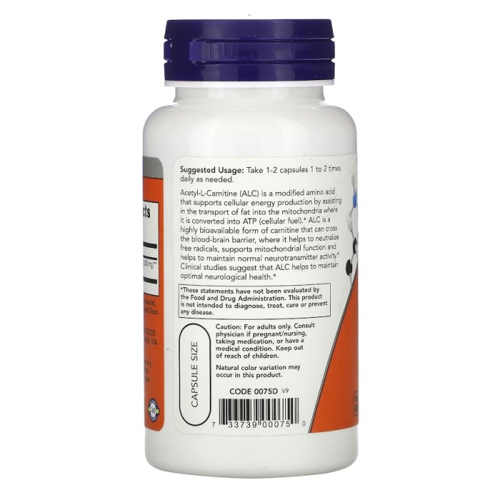 Жироспалювач NOW Acetyl-L-Carnitine 500 mg, 50 вегакапсул