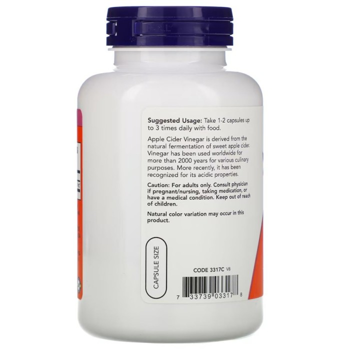 Натуральна добавка NOW Apple Cider Vinegar 450 mg, 180 капсул