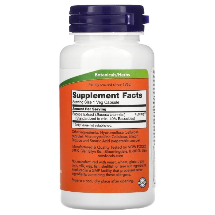 Натуральна добавка NOW Bacopa Extract 450 mg, 90 вегакапсул