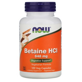 Естественная добавка NOW Betaine HCl 648 mg, 120 вегакапсул.